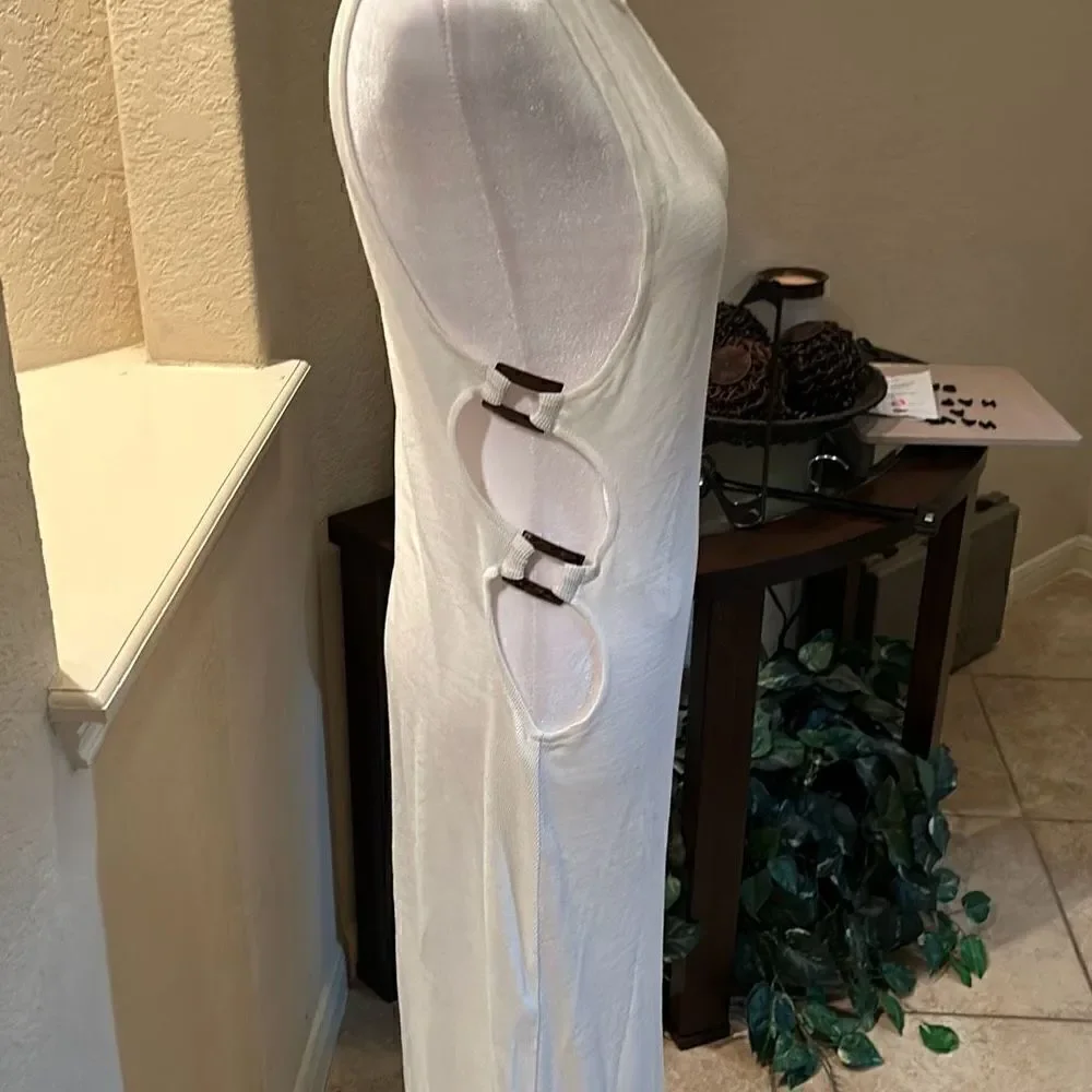Savannah Morrow Rosalia Womens Medium Midi Dress Ivory Cutout Beachy Cruise NWOT